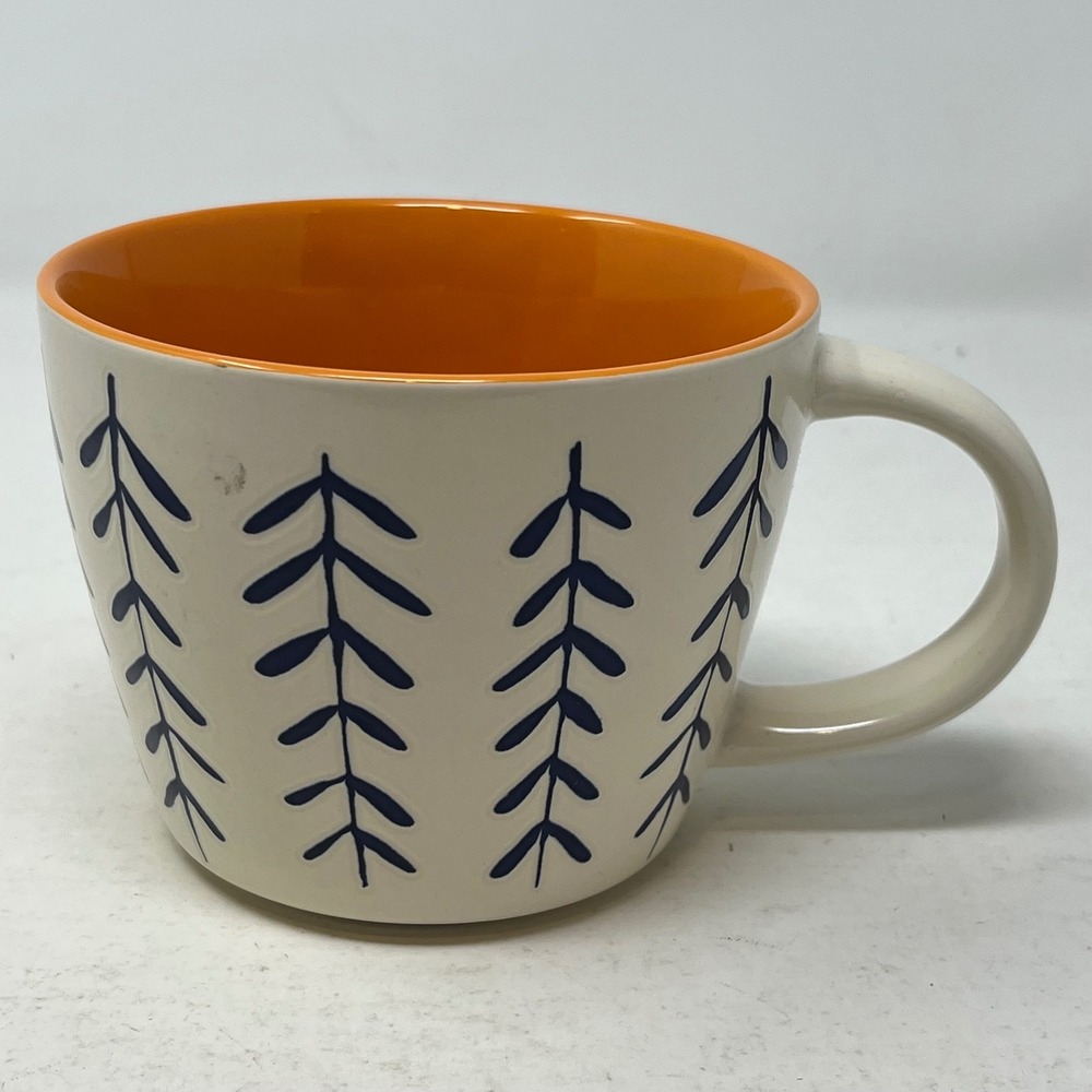 Opalhouse Stoneware Coffee Mug Cream Navy Blue Leaf Botanical Orange Interior
